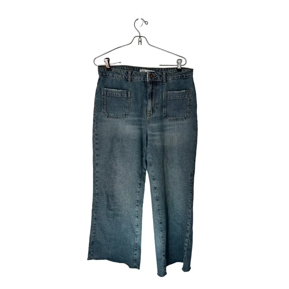 Zara womens jeans sz 8 wide leg palooza raw hem front‎ pockets ankle